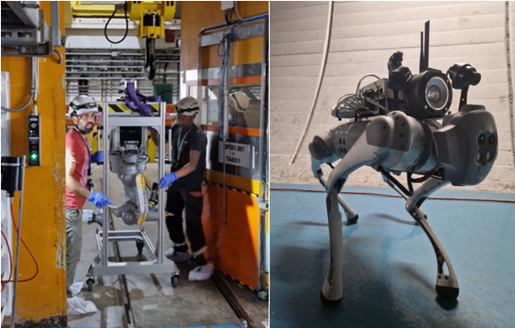CRANEBot (left) being attached to the North Area crane and quadruped robot (right) with intervention loadout